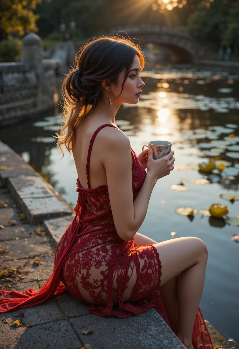 Mulher de camisola vermelha ao amanhecer em um canal tranquilo