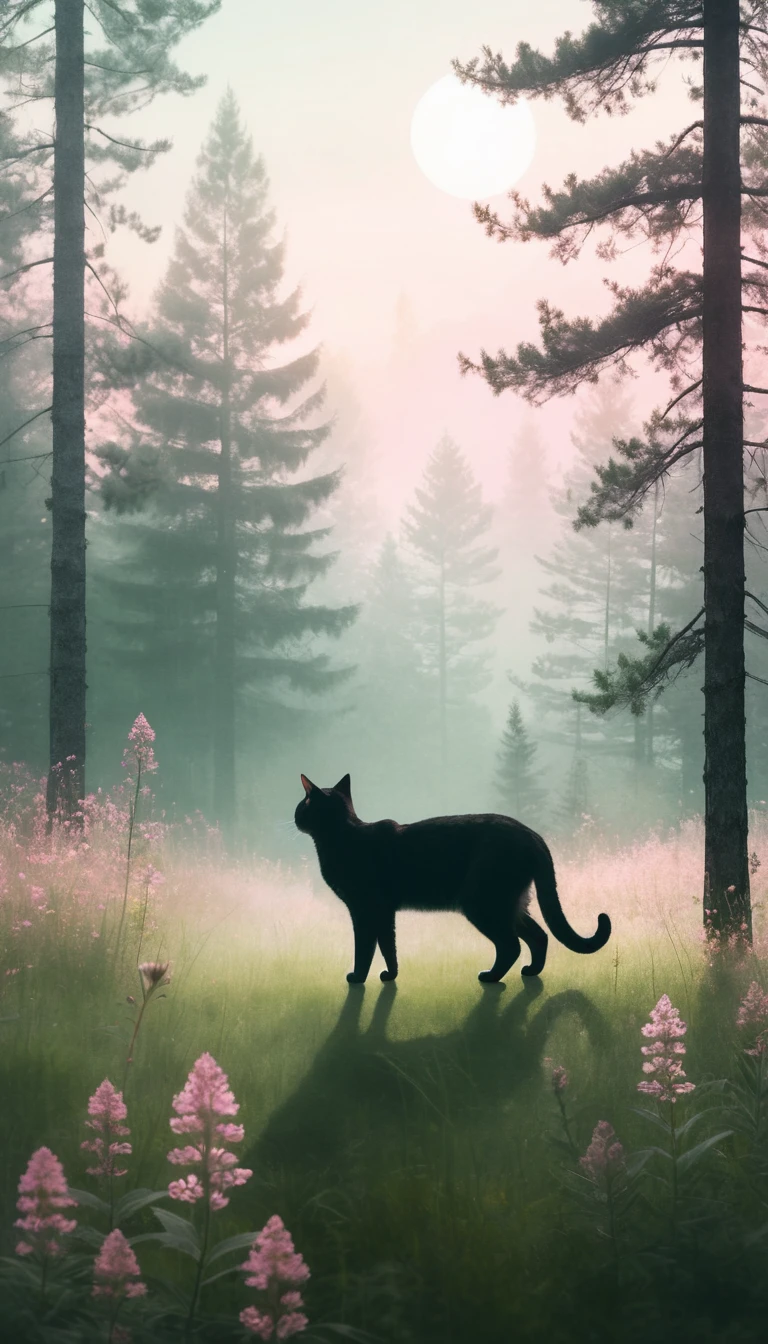 Double exposure cat silhouette with misty forest scene