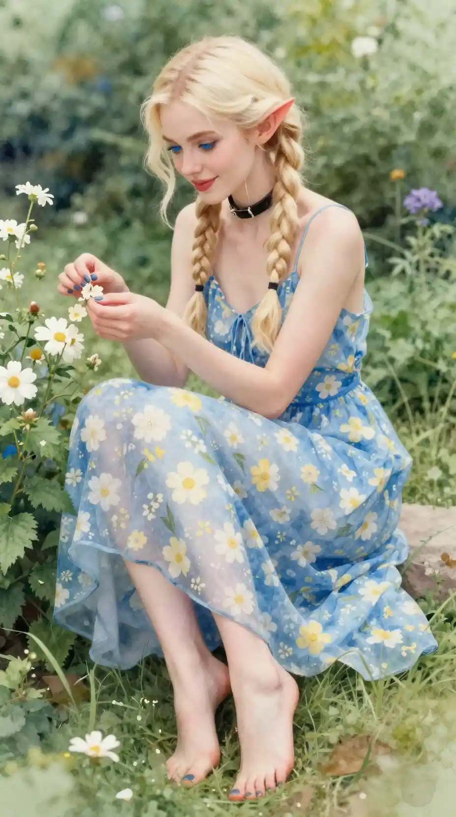 Fantasy tiefling woman in blue sundress sitting in garden