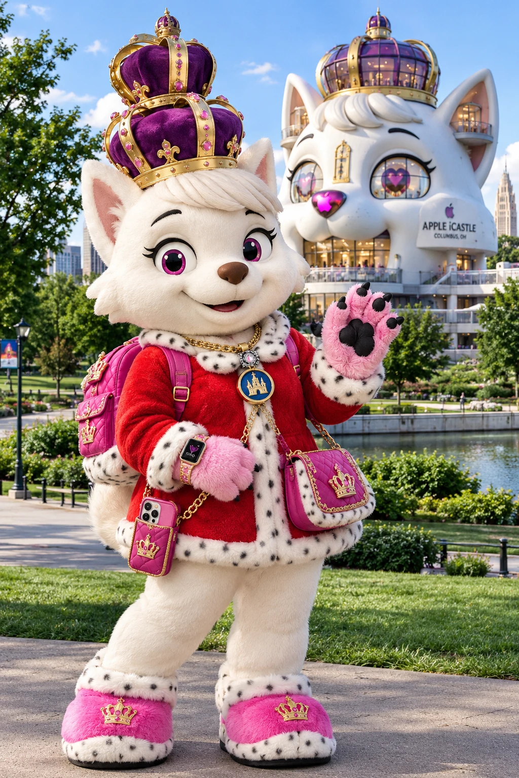 Dog mascot queen standing in a princess outfit