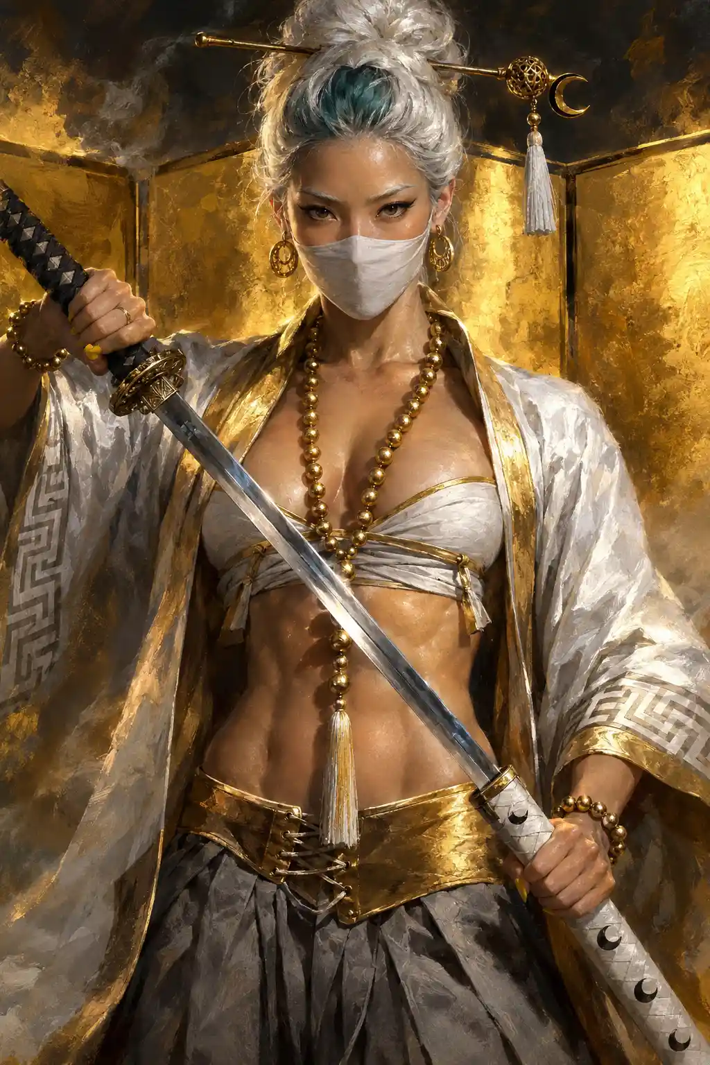Silver haired masked warrior woman with sword and beads