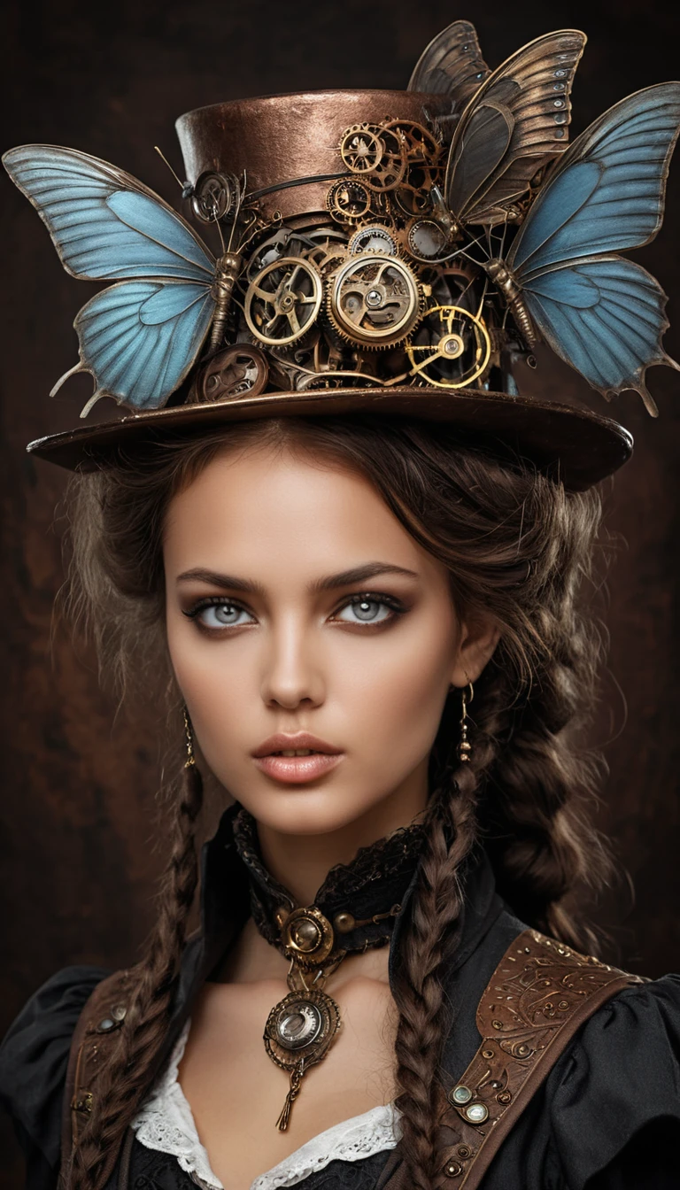 Retrato surreal em close de uma mulher steampunk etérea