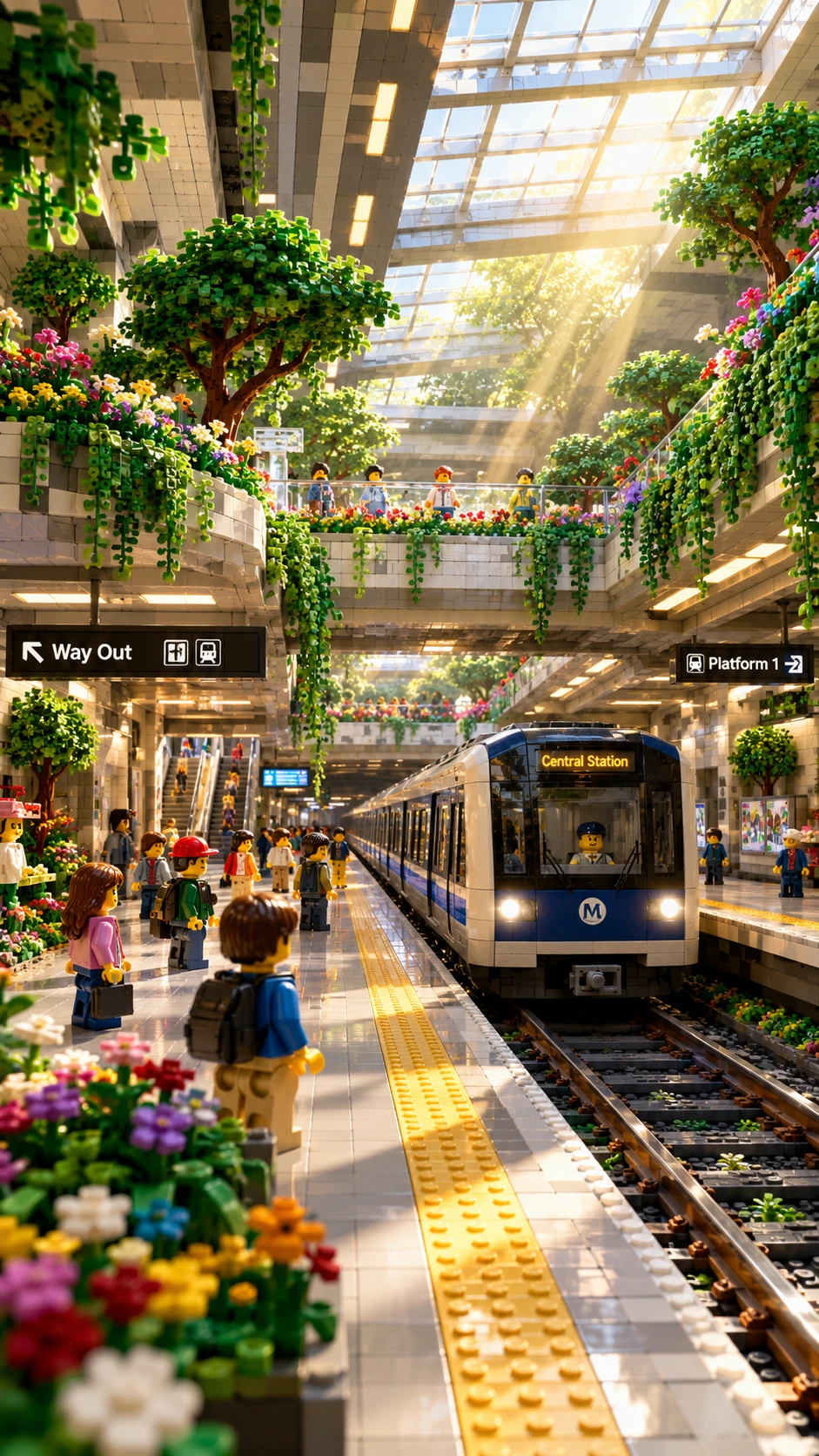 Estação de metrô Lego com jardim subterrâneo exuberante e luz do sol