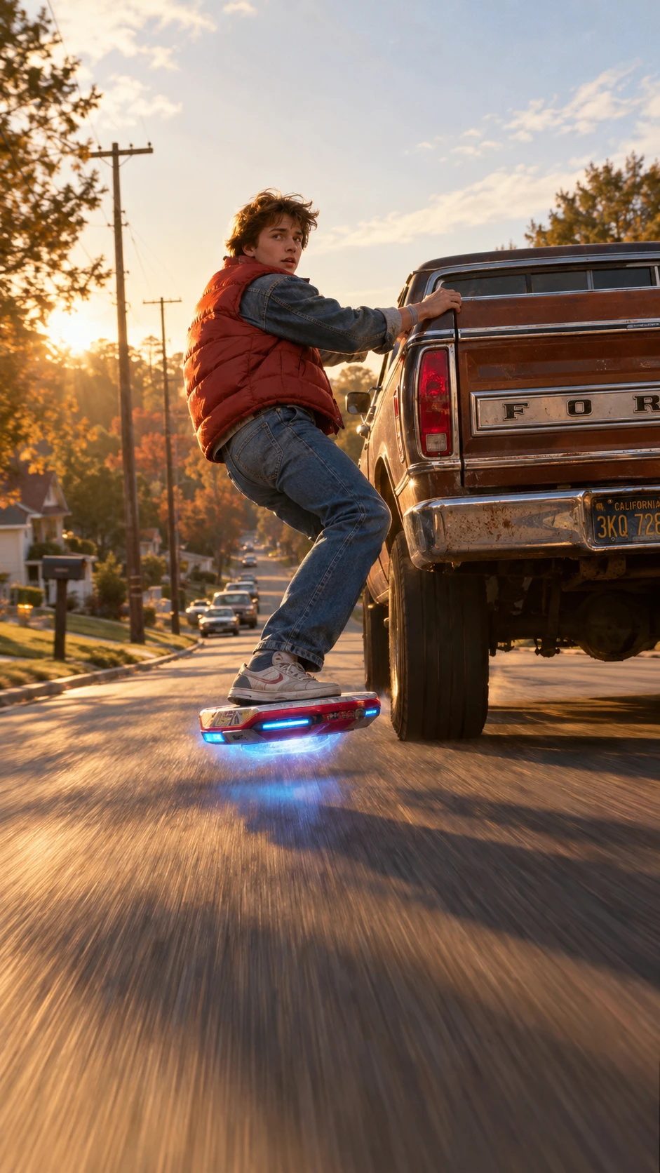 Garoto adolescente em hoverboard puxado por caminhonete vintage