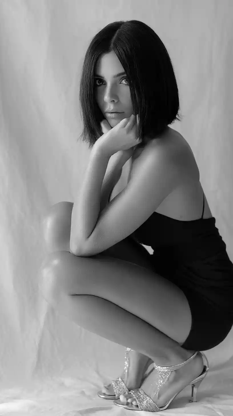Minimalist studio portrait of a seated fashion woman