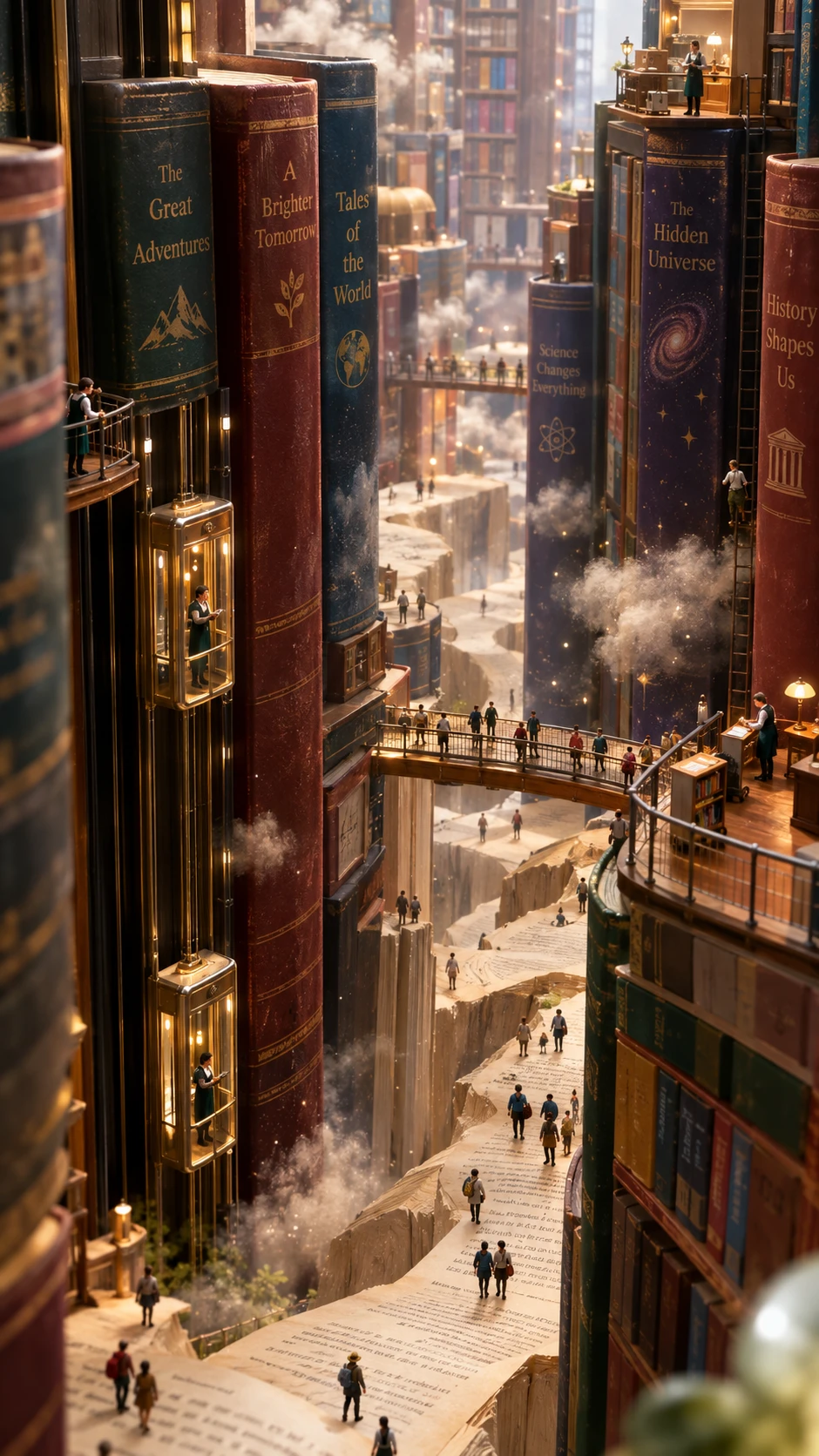 Minuscole persone esplorano grattacieli di libri in una libreria