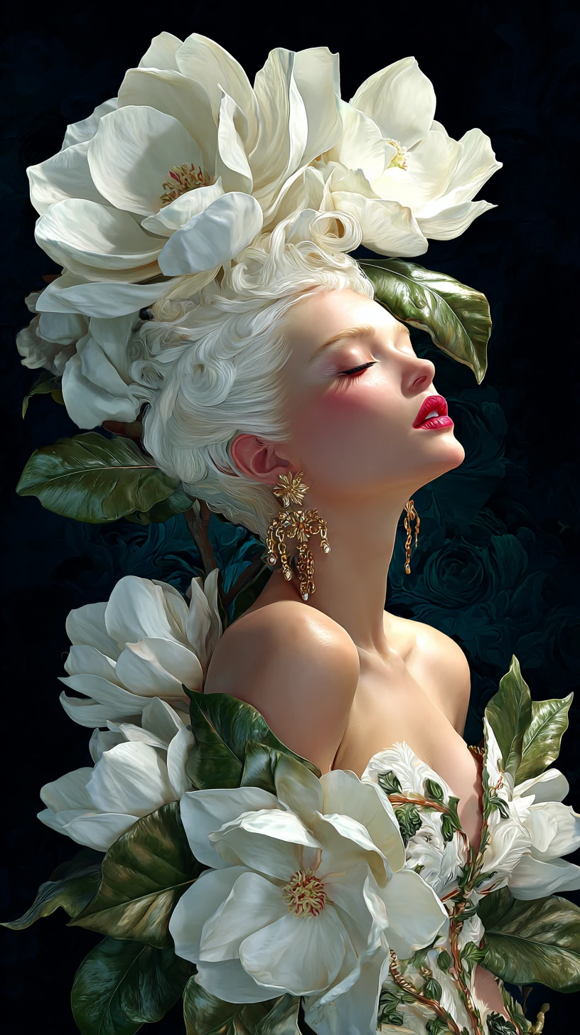 Mulher surreal de cabelos brancos com adorno floral de magnólias