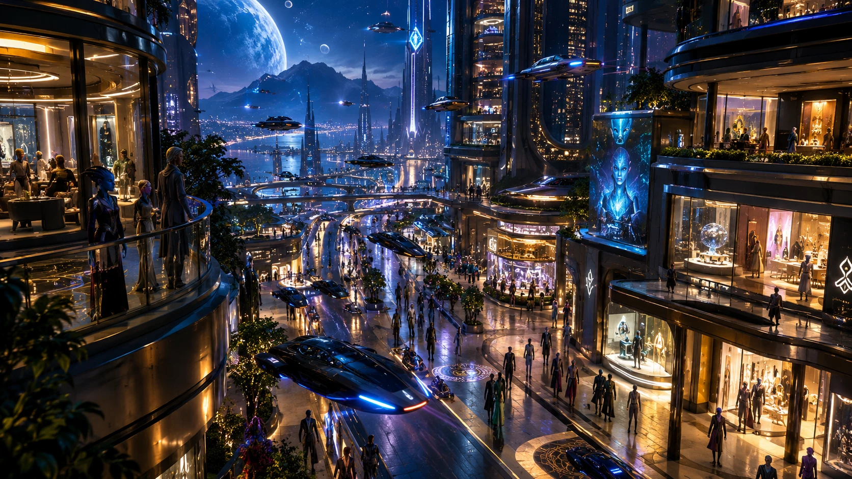 Città aliena futuristica di notte con veicoli volanti