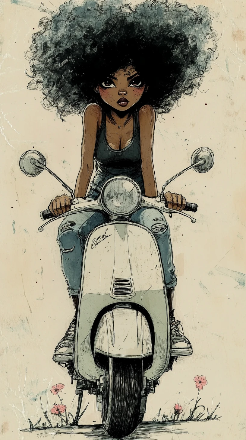 Mulher fantasiosa em scooter vintage com cabeça gigantesca