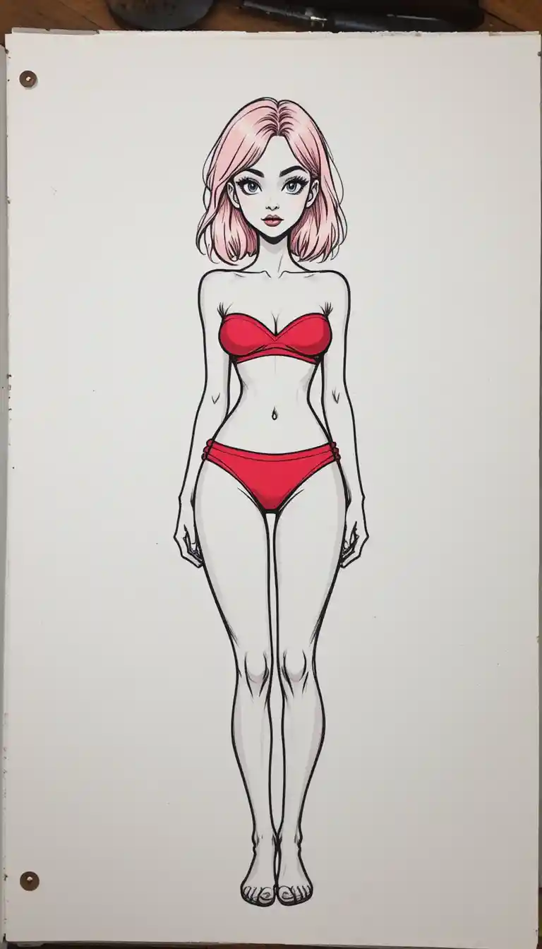 紅色泳裝女子的漫畫風全身肖像