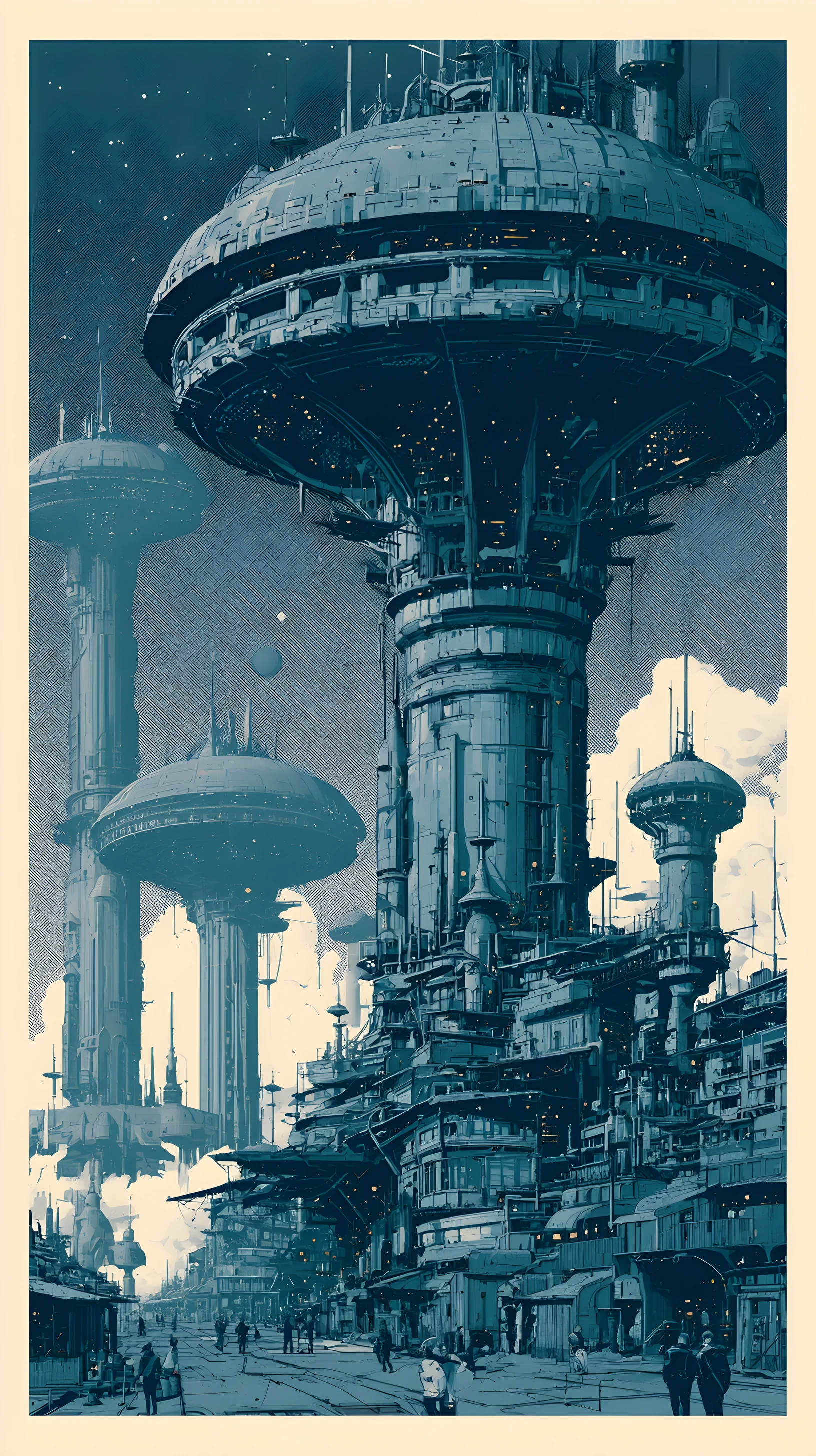 Mid-Century-Sci-Fi-Stadt mit hoch aufragenden futuristischen Gebäuden
