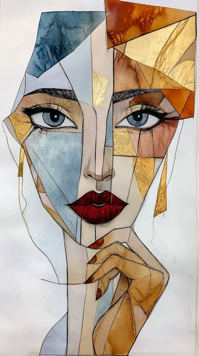 Portrait cubiste à l’aquarelle d’une femme au visage géométrique