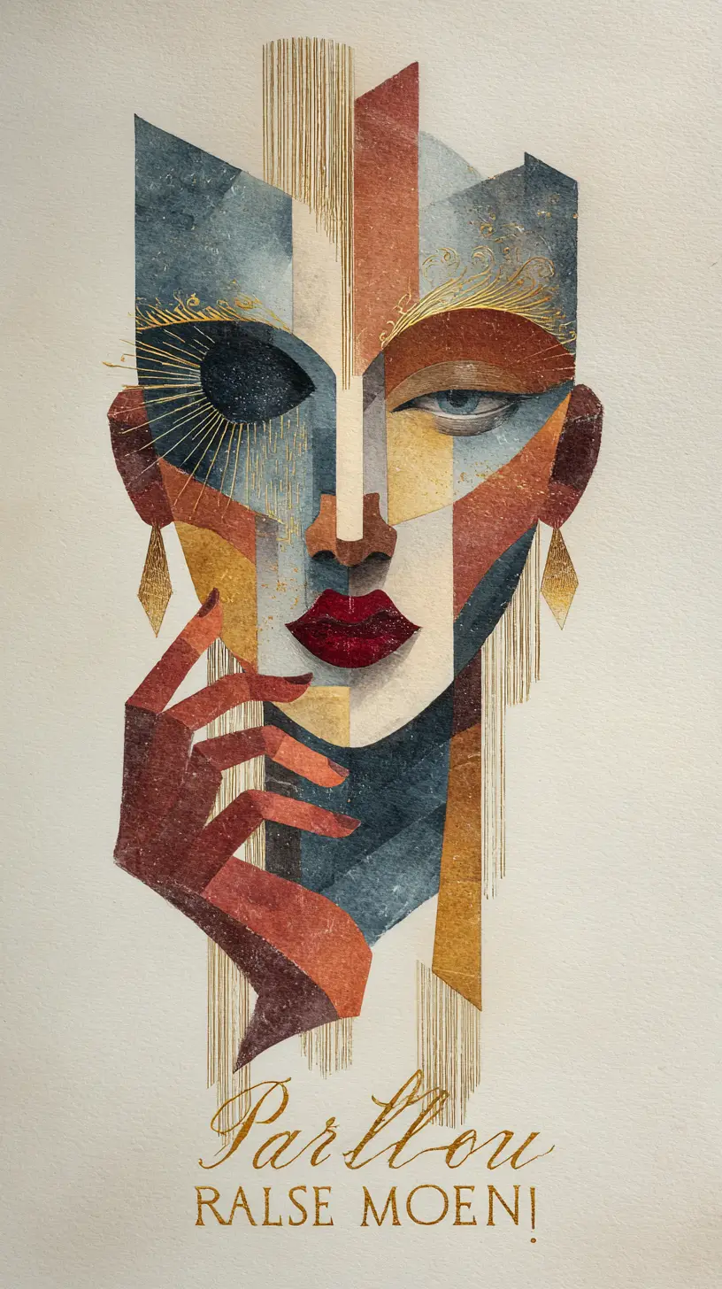 Portrait cubiste en techniques mixtes d’une femme au visage géométrique