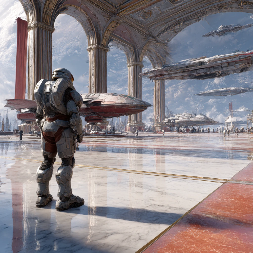 Spartan warrior guarding a vast futuristic marble spaceport