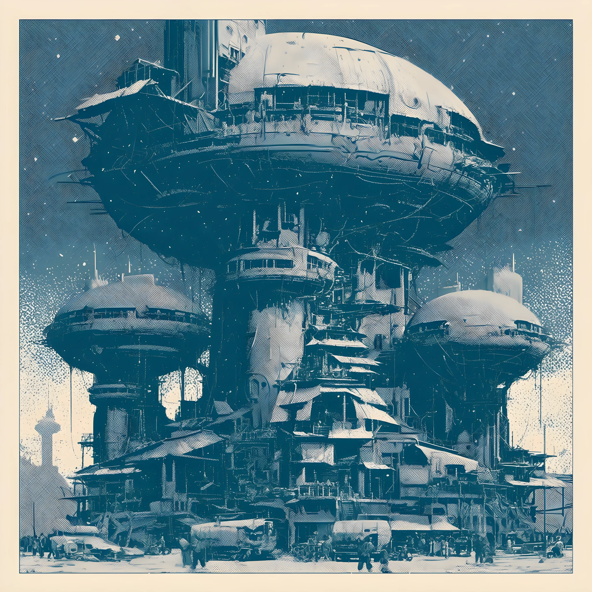 Mid-Century-Sci-Fi-Stadt mit hoch aufragenden futuristischen Gebäuden
