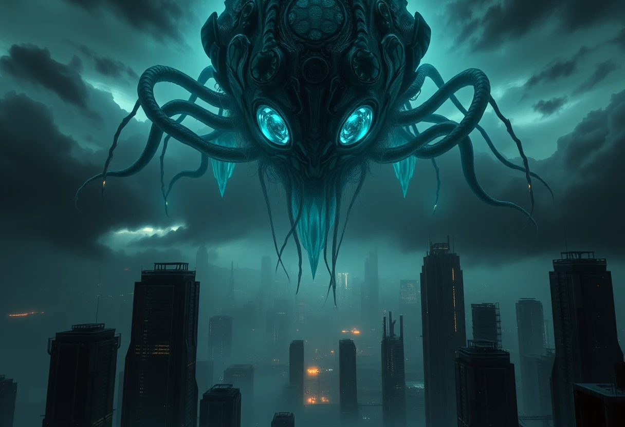 Léviathan alien au-dessus d’une cité futuriste cyberpunk