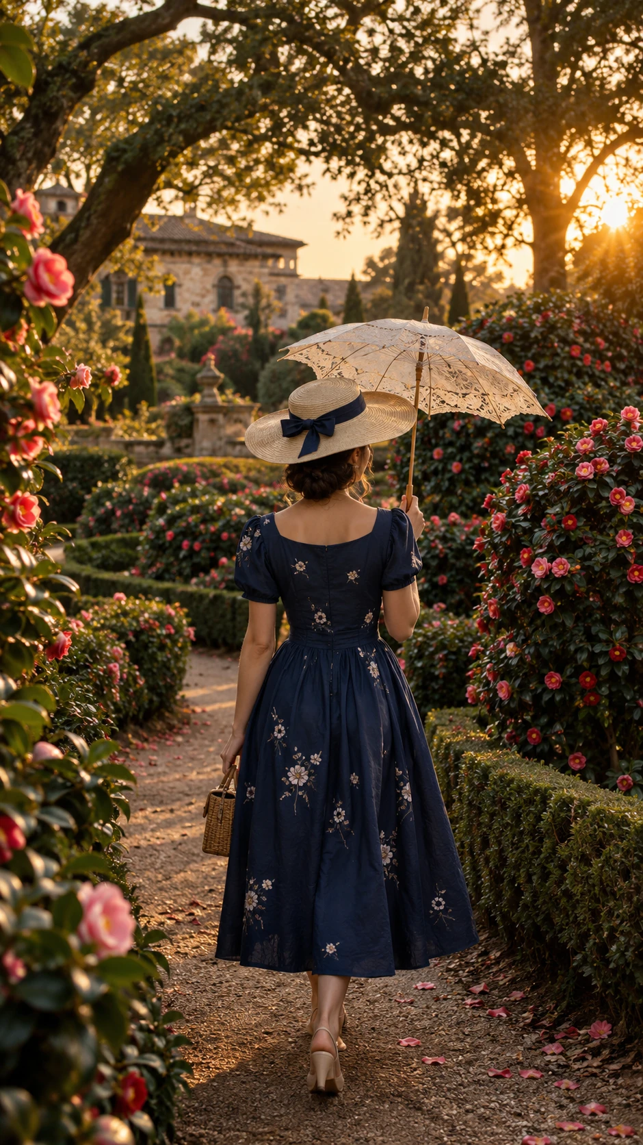 Woman walking with parasol in a historic camellia garden