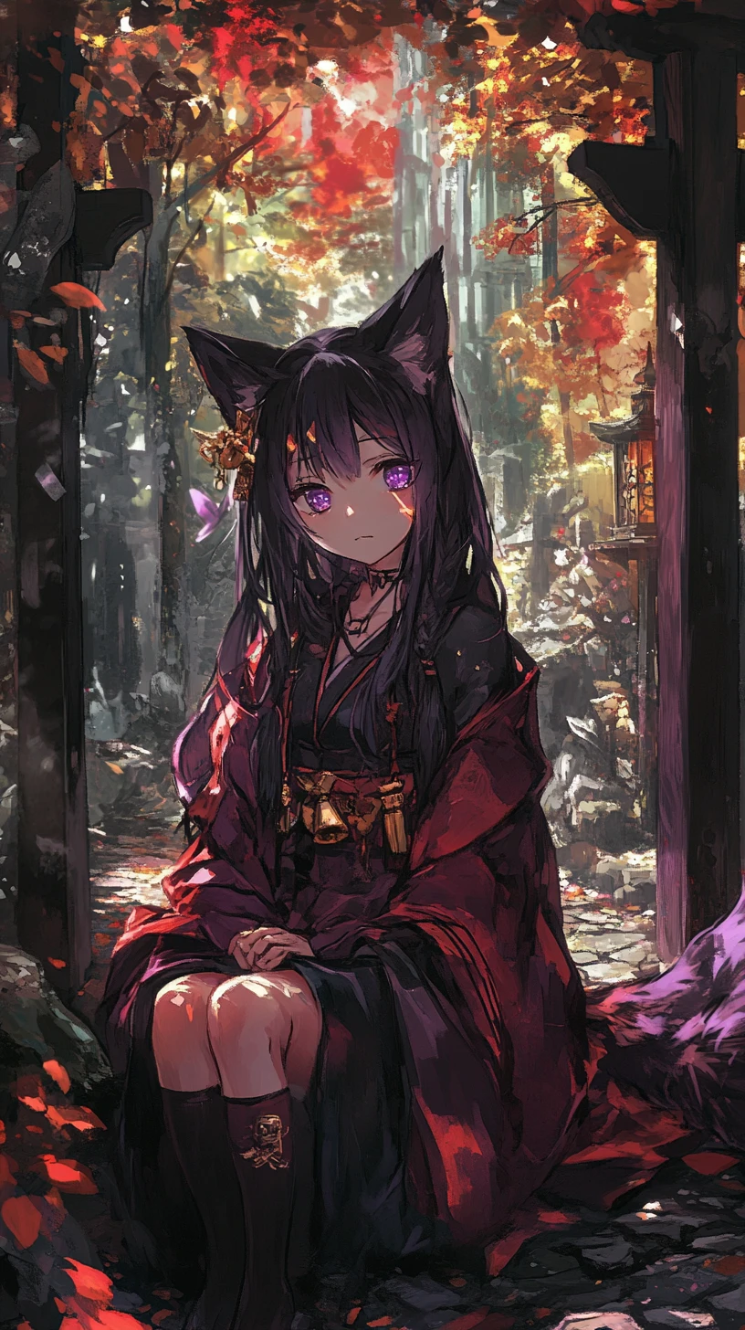 Sleeping fox on a stone path in an autumn forest