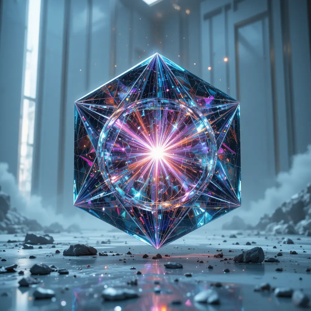 Surreal tesseract prism glowing in a dark cosmic void
