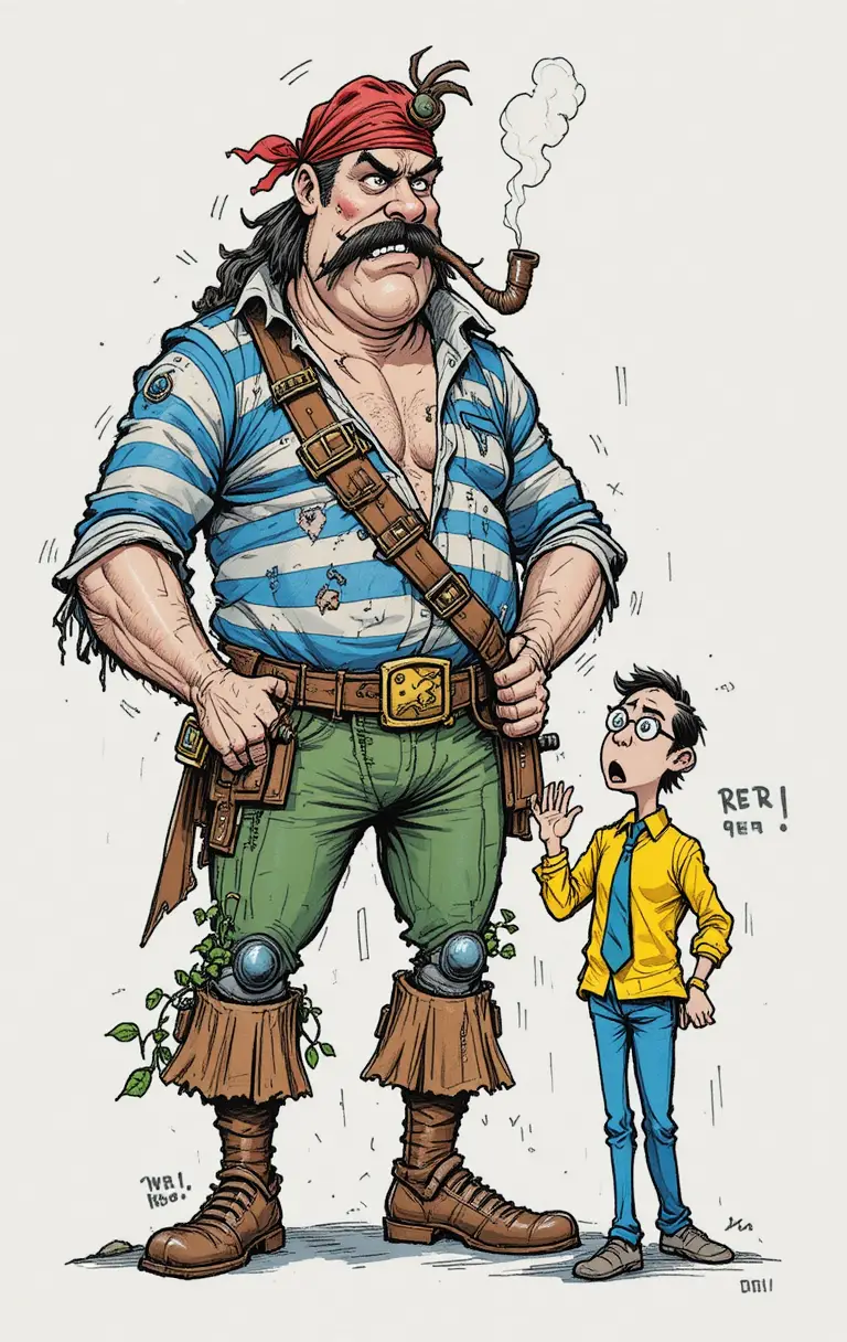 Cartoon-Pirat ragt über verängstigten Mann im Bürooutfit empor
