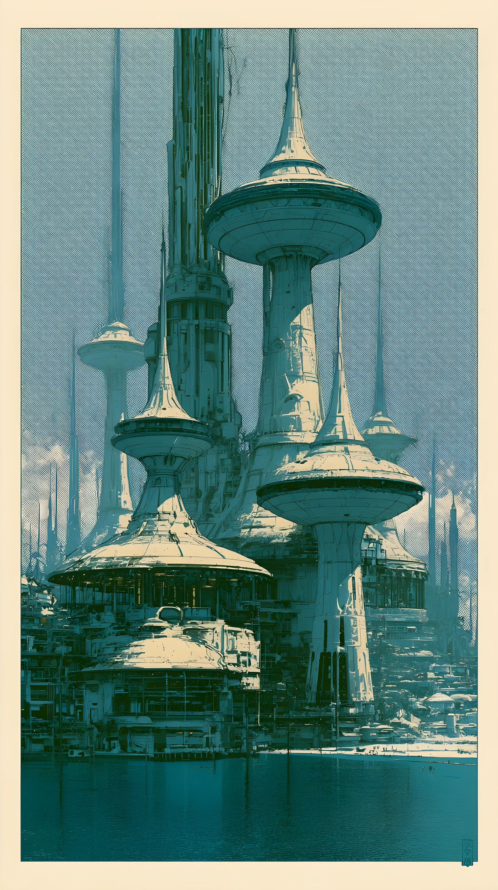 Mid-Century-Sci-Fi-Stadtlandschaft mit hoch aufragenden futuristischen Gebäuden