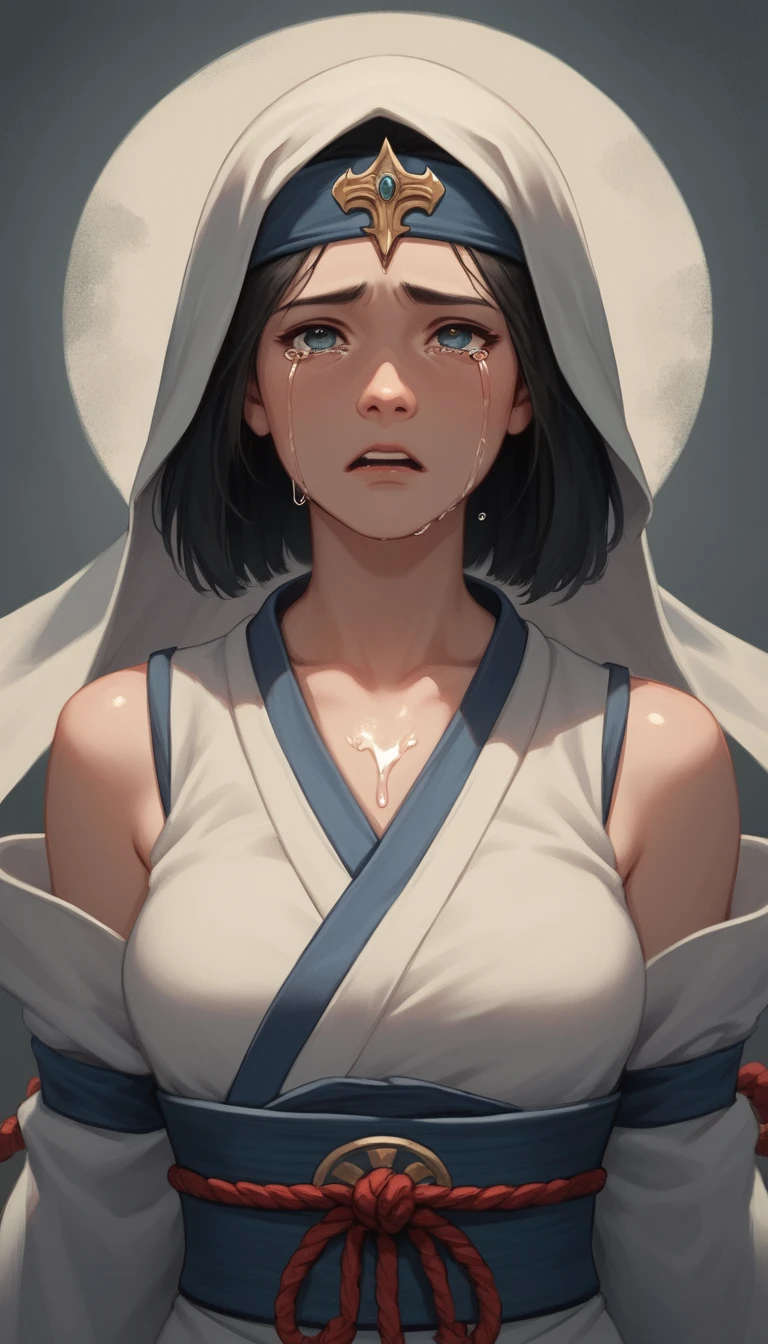 Donzela guerreira de anime chorando em armadura samurai ornamentada
