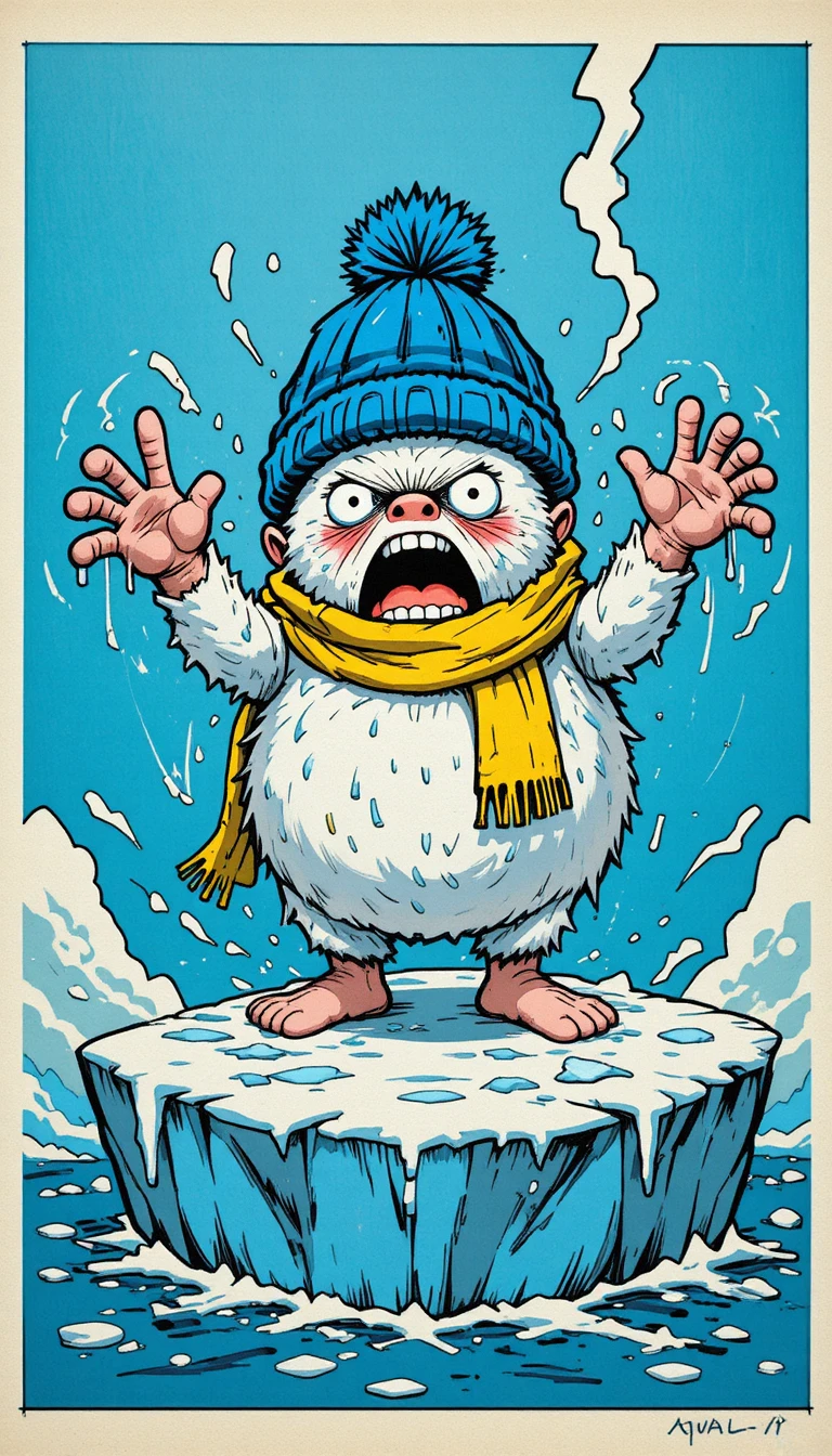 Creatura cartoon che trema sul ghiaccio crepato in acqua blu