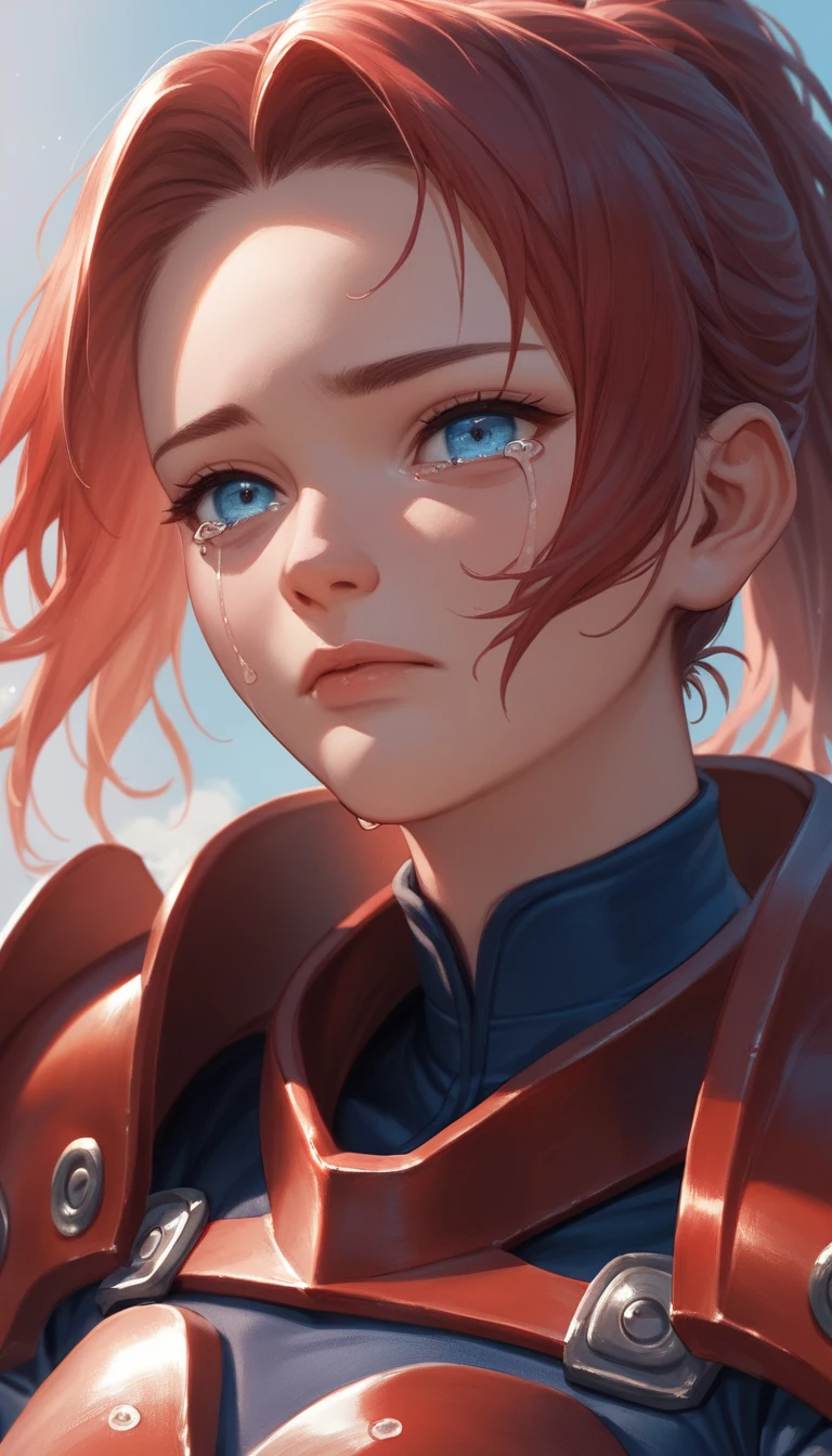 Close-up de guerreira anime em armadura ninja vermelha chorando