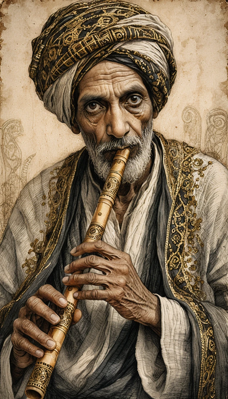 Idoso egípcio tocando instrumento de sopro de bambu ornamentado