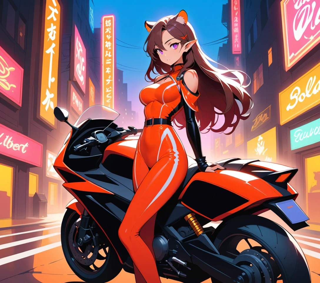 Tigerfrau mit Motorrad an kurviger Straße