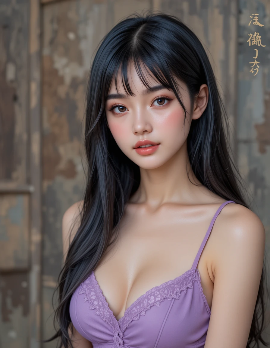 Jeune femme élégante aux longs cheveux noirs et aux yeux violets
