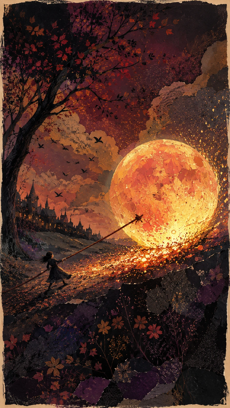 Pequeño viajero arrastrando una luna brillante a través de un paisaje otoñal