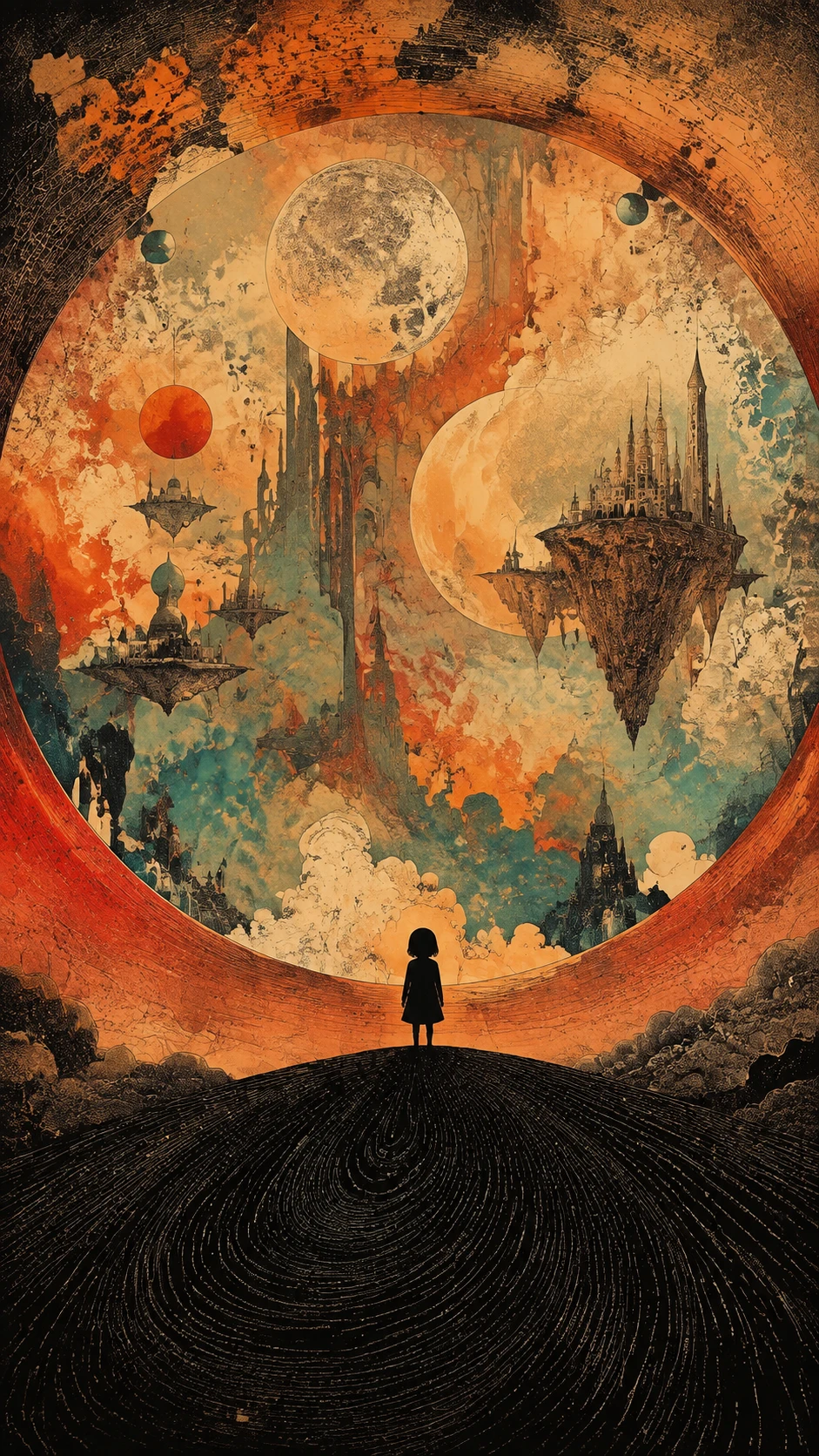 Winzige Kindersilhouette vor einem weiten surrealen kreisförmigen Horizont