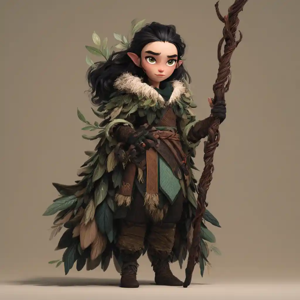 Elf druid woman with feathered cloak and staff