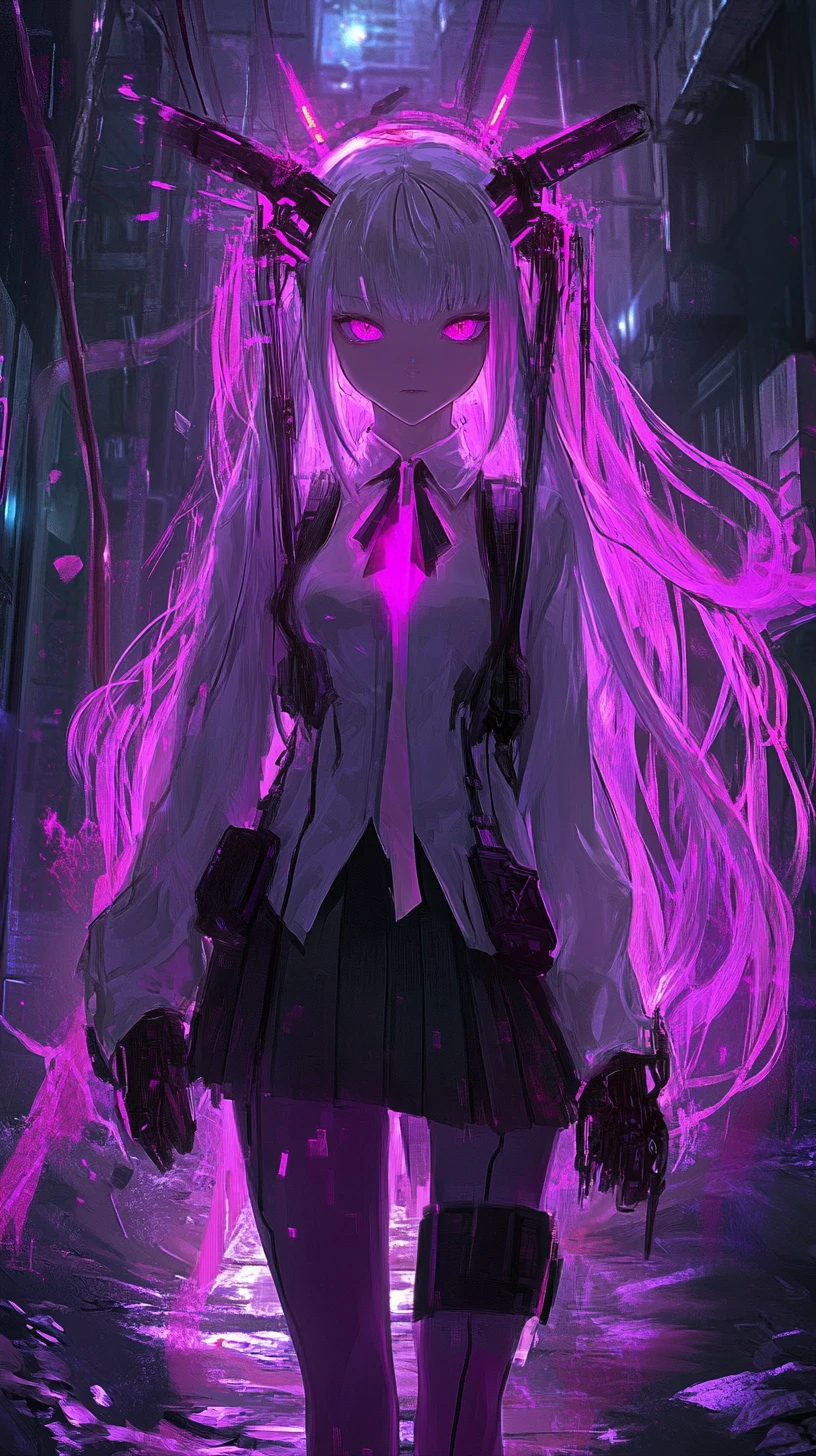 Anime-Mädchen mit leuchtenden Flügeln in einer neonfarbenen Fantasiestadt