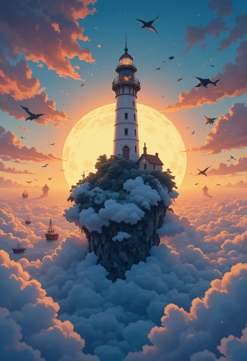 Victorian lighthouse floating on a vast sunrise cloud sea