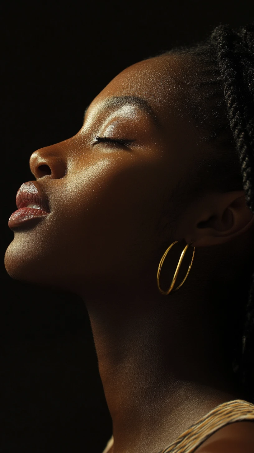 Mulher negra serena em perfil de close sob luz dramática