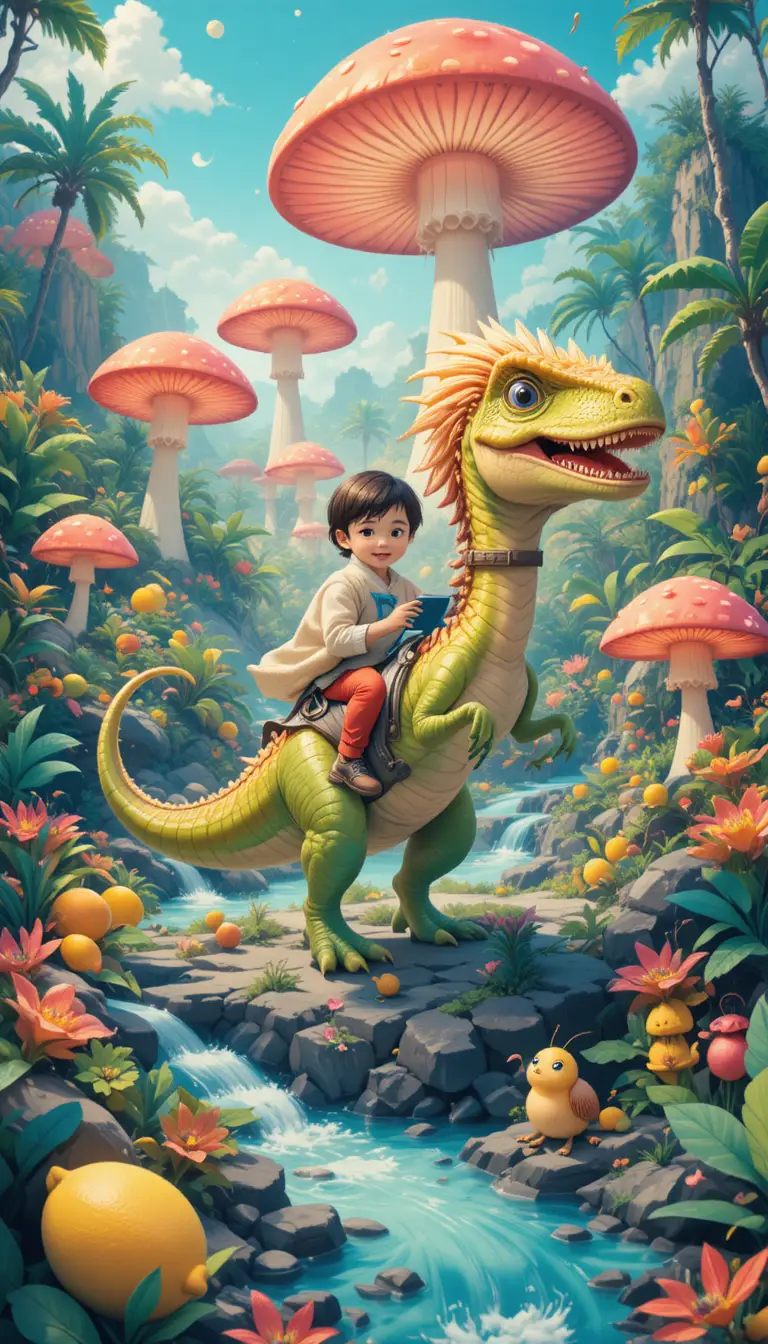 糖果叢林裡騎著羽毛恐龍的孩子