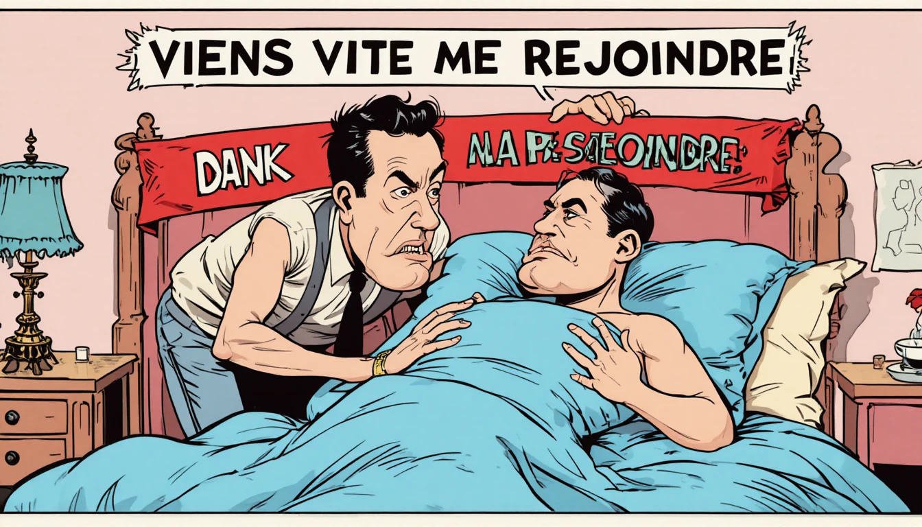 Comic-Masseur beugt sich über Mann im Bett mit Banner