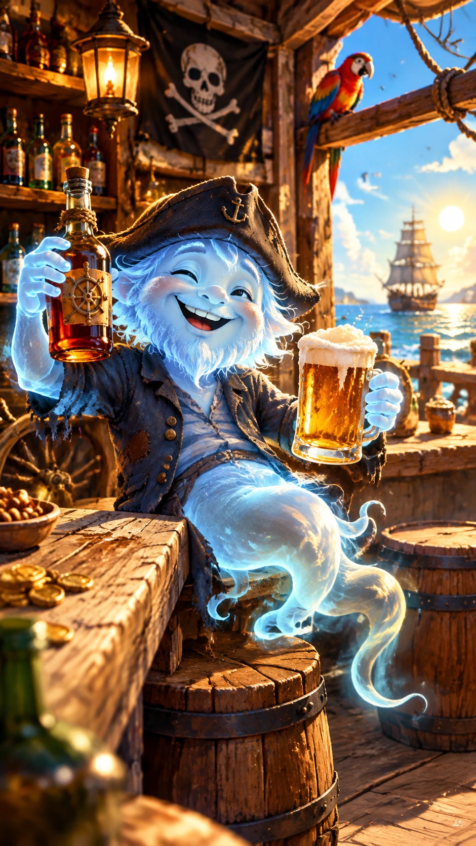 Fantasma alegre bebendo rum em um bar pirata ensolarado