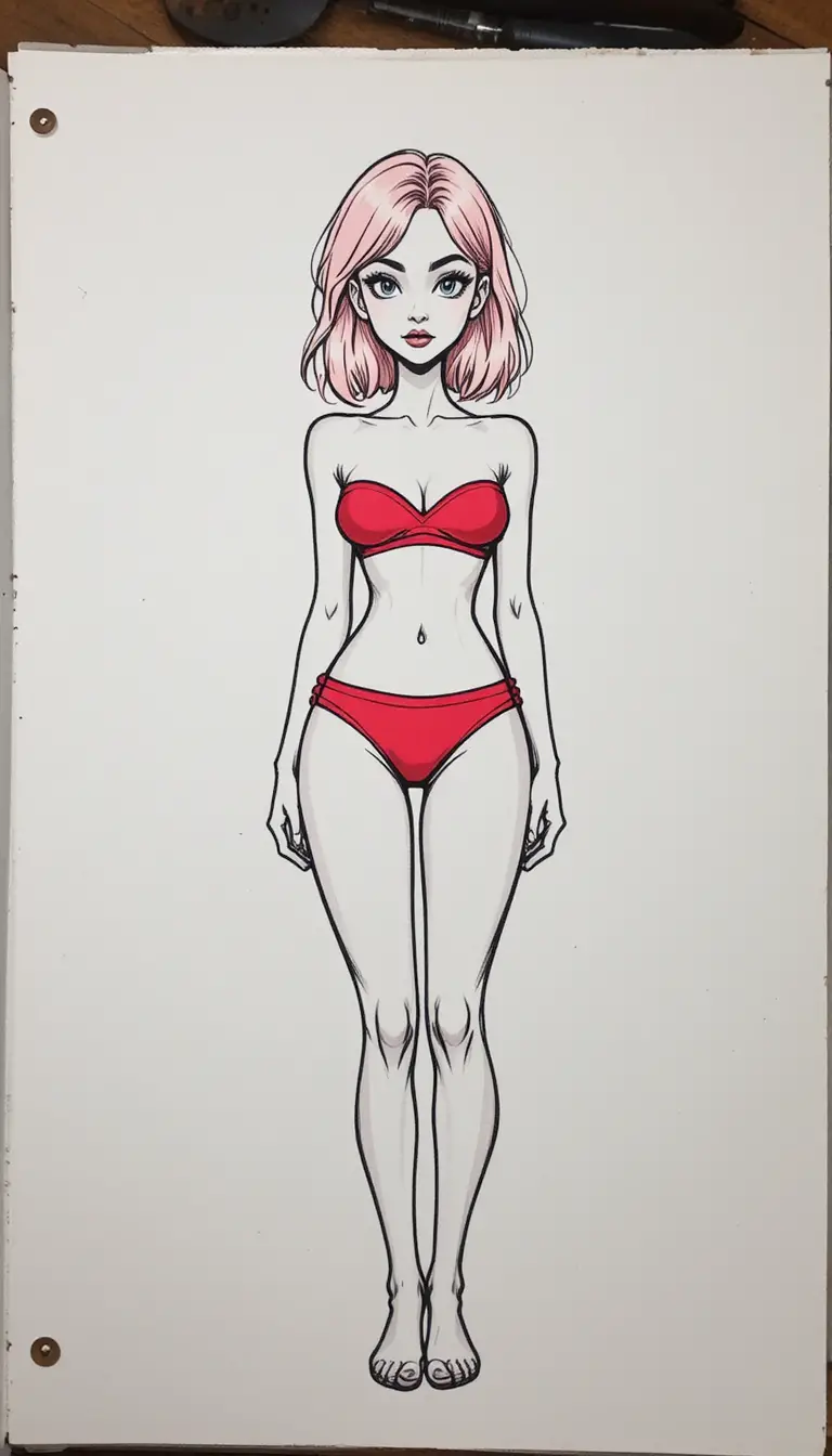 紅色泳裝女子的漫畫風全身肖像