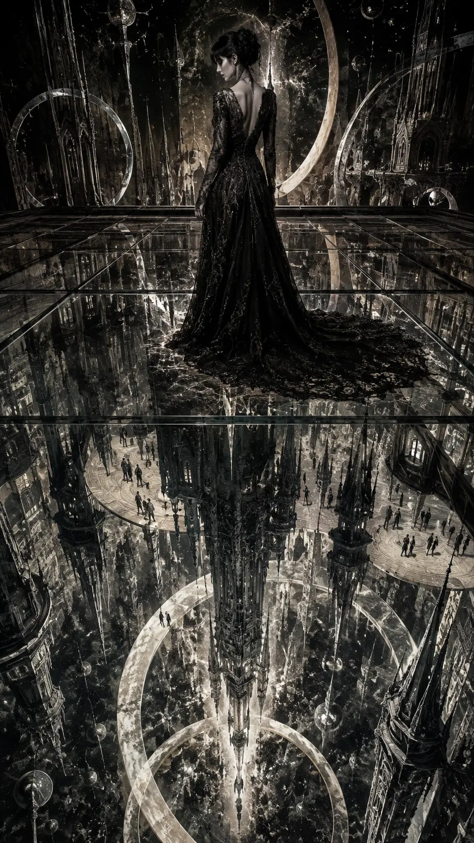 Mysterious Woman Above An Upside Down Gothic Kingdom