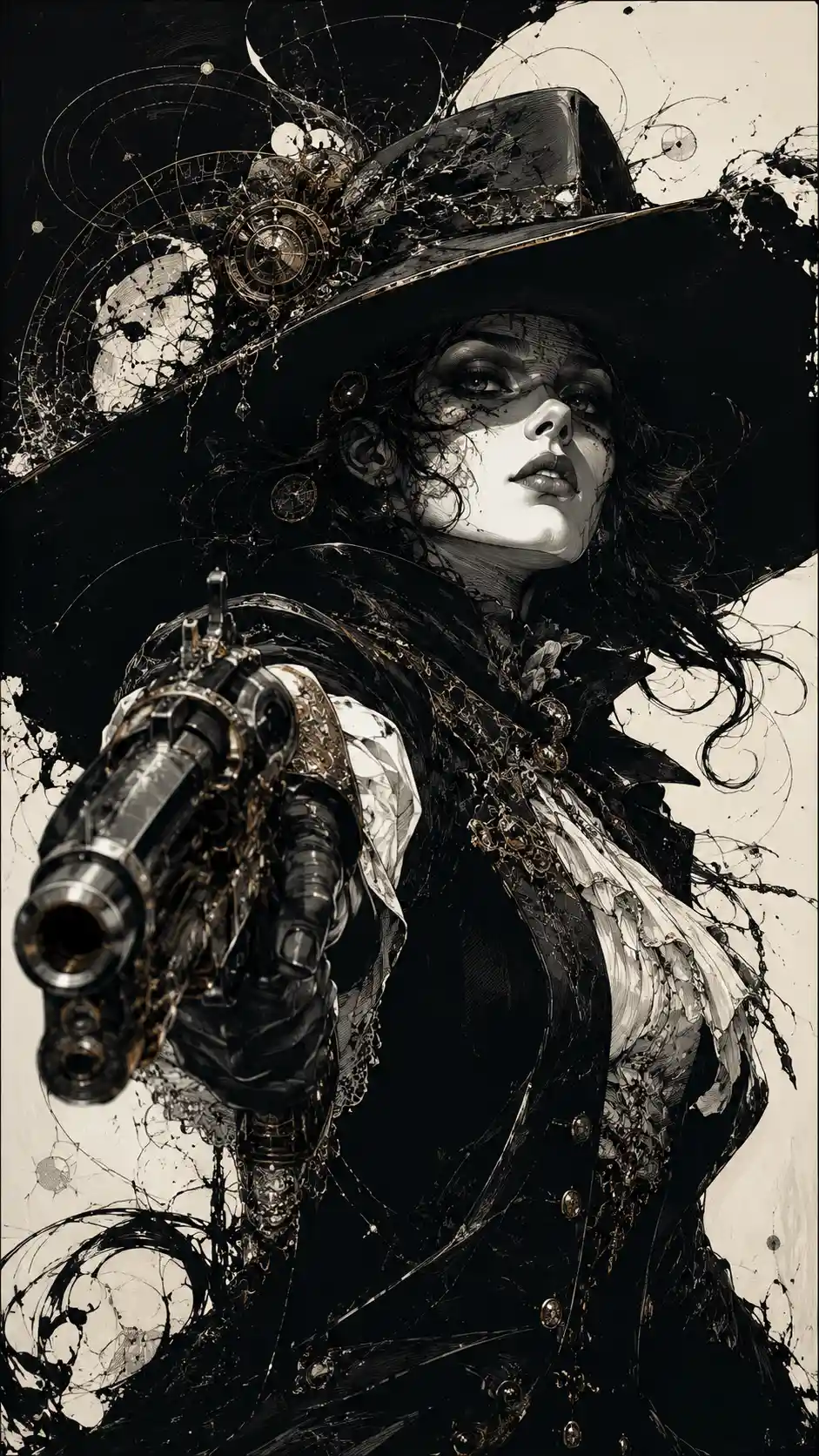 Gothic fantasy gunslinger woman in dramatic ink portrait