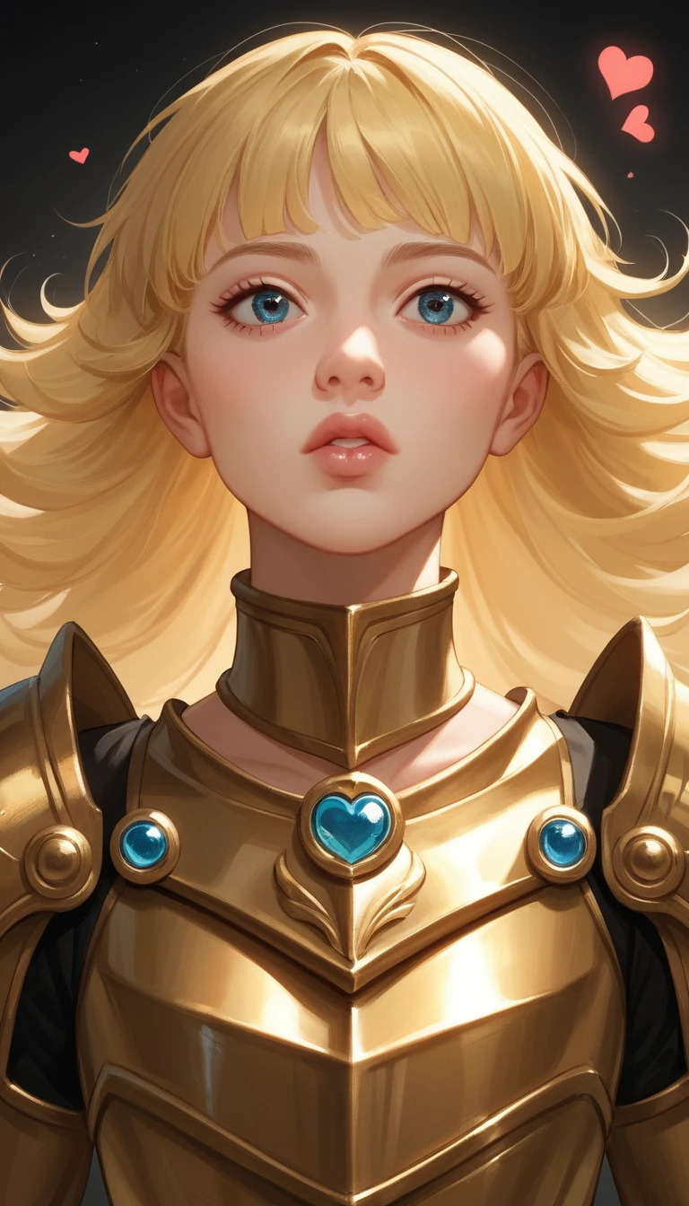 Héroïne d’anime en armure dorée au regard tragique et mouillé de larmes
