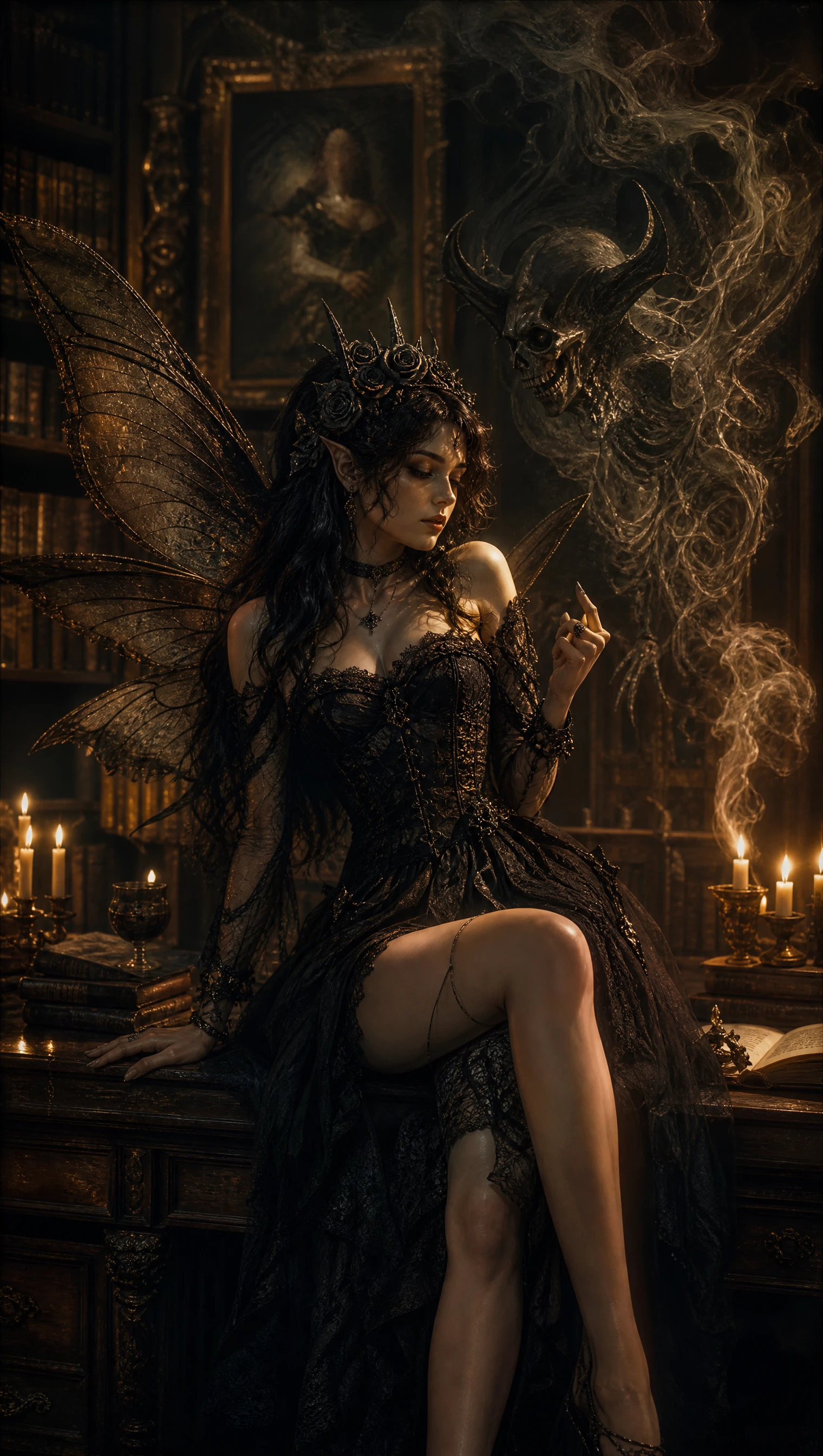 Fata barocca dark fantasy in una biblioteca gotica