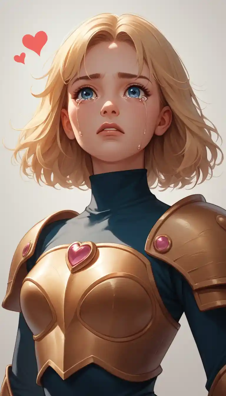 Crying blonde anime heroine in shining golden armor