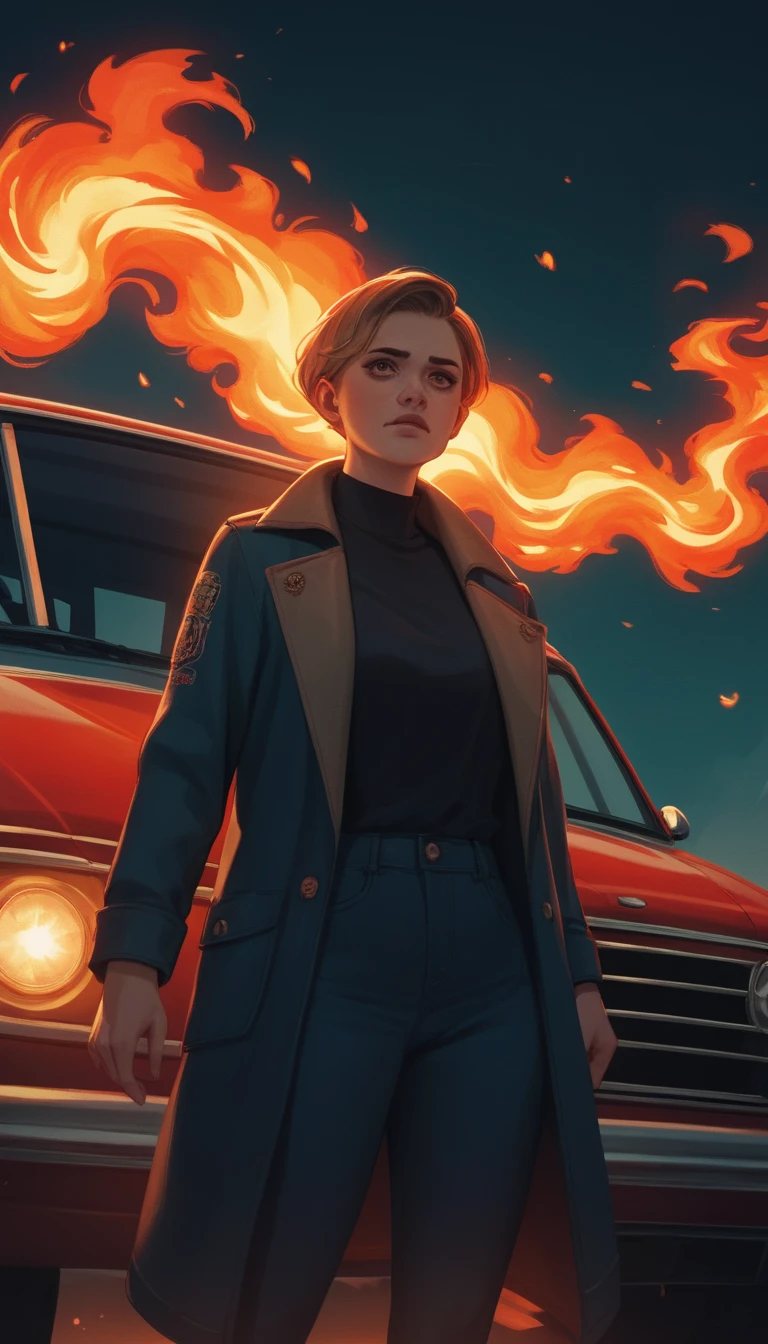 Heroína de anime em uma paisagem fantástica infernal em chamas