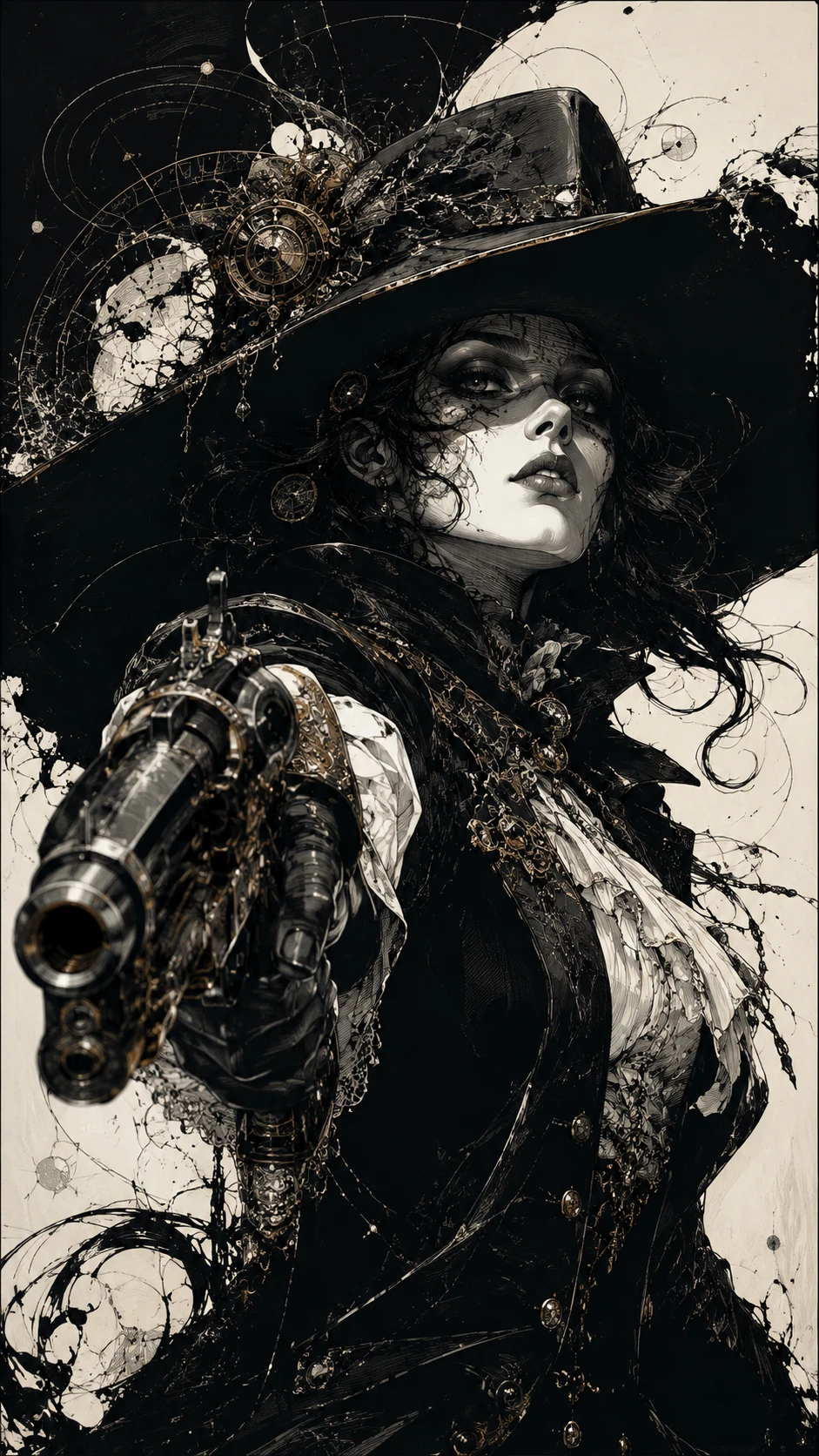 Gothic-Fantasy-Pistolera in dramatischem Tintenporträt