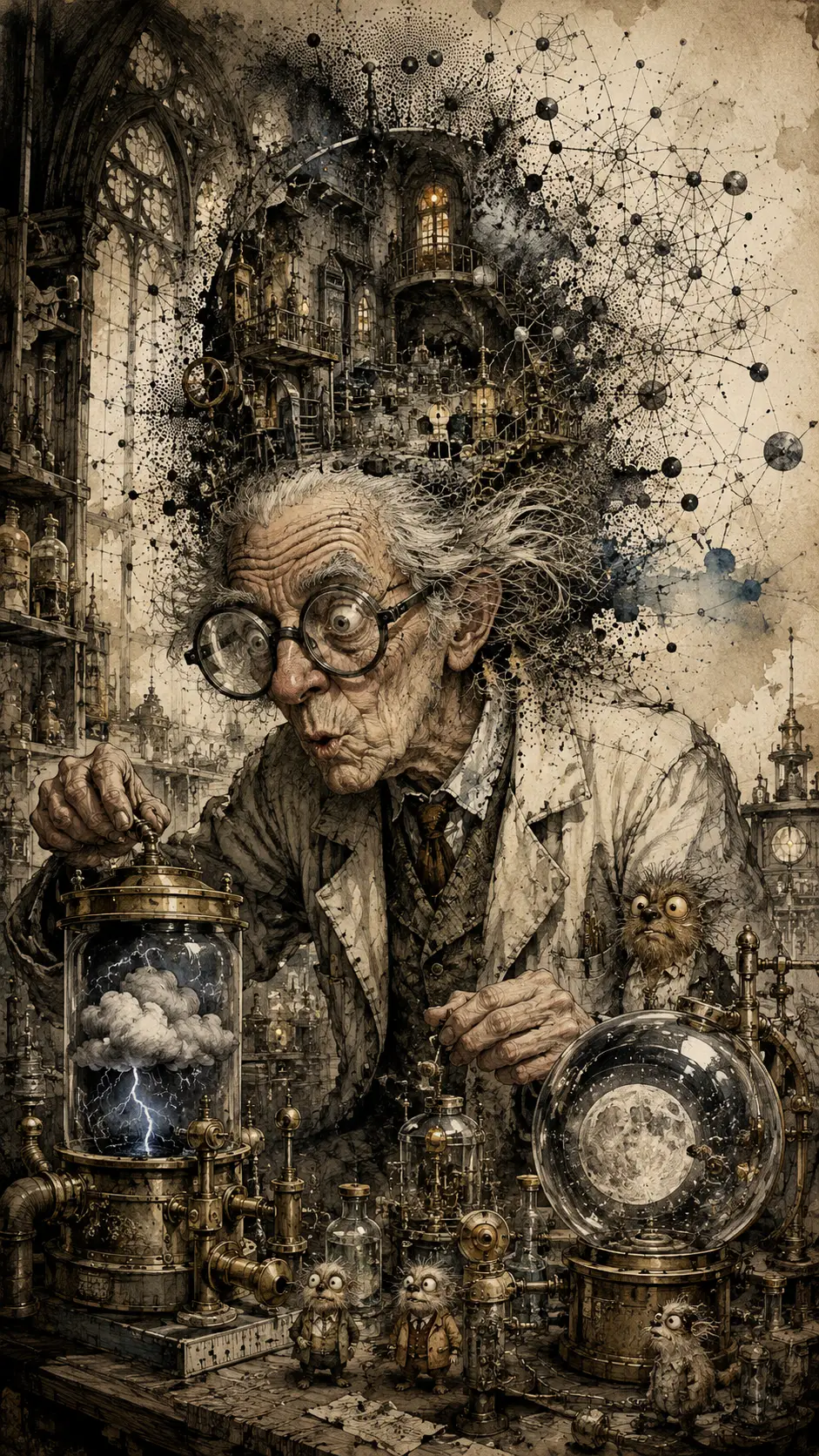 Inventeur âgé excentrique dans un laboratoire gothique avec d’étranges machines
