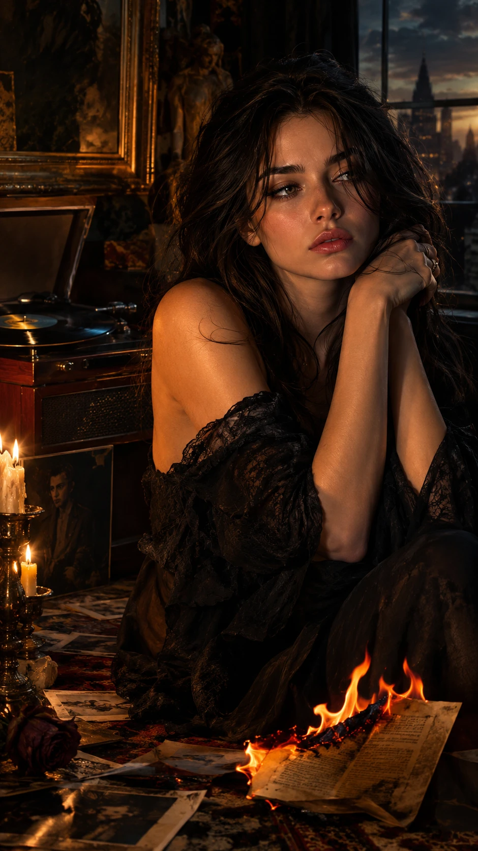 Mulher melancólica em luz dramática – retrato a óleo